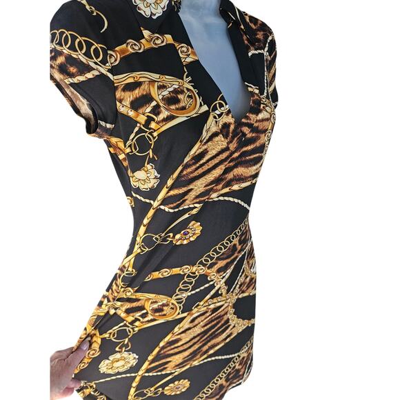 Cache Black Gold Dress Animal Print Collared Deep V Neck Stretch Sz SM - Picture 5 of 7